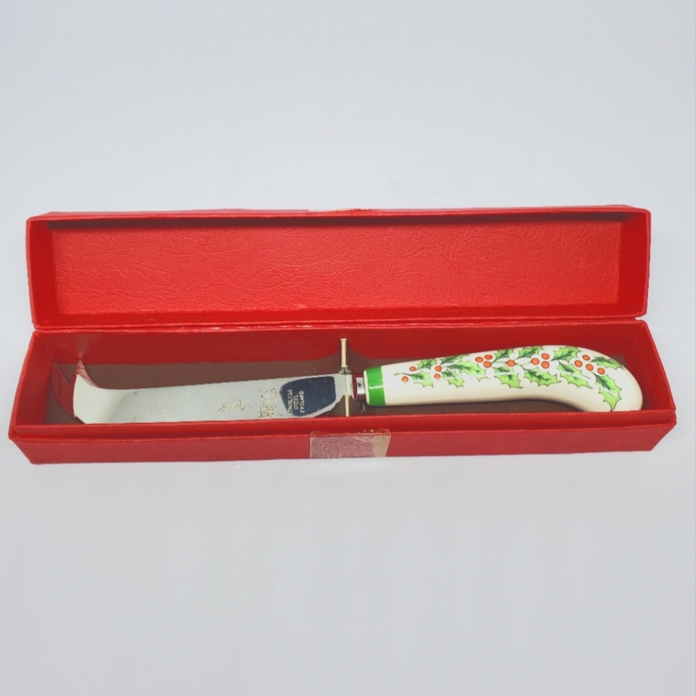Vtg Spode Stainless Cheese Knife Christmas Tree Brucut 8" Holly Berry Pre-Owned